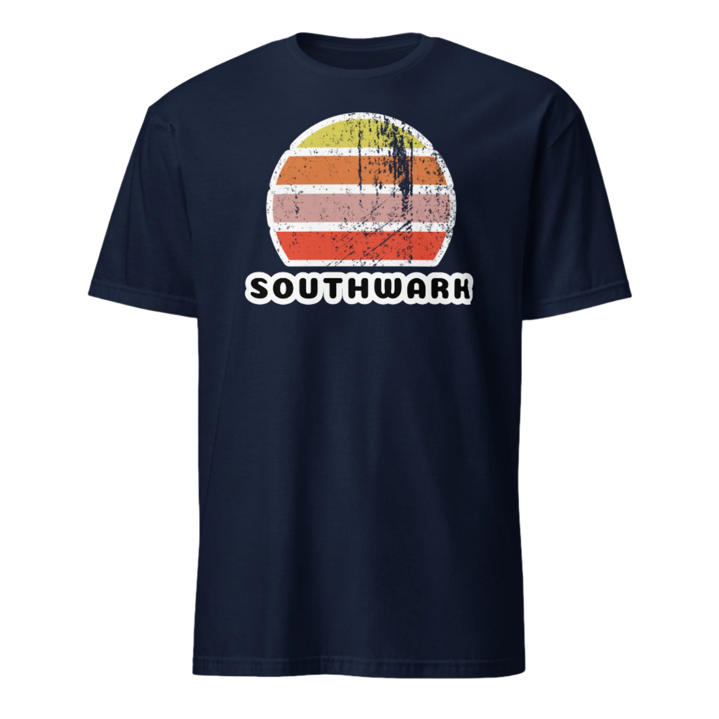 Vintage distressed style abstract retro sunset in yellow, orange, pink and scarlet with the name Southwark beneath on this navy t-shirt