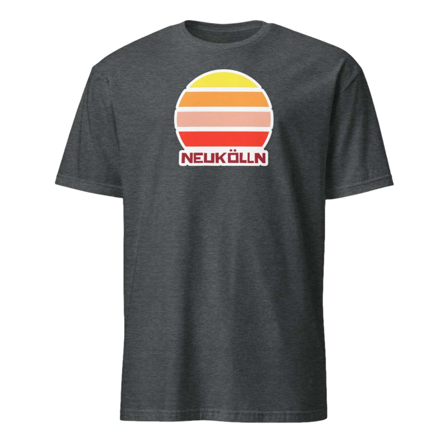 vintage sunset unisex t-shirt Neukölln in cotton. Berlin LGBT themed t-shirt with a vintage sunset graphic in yellow, orange, pink and scarlet and the place name Kreuzberg beneath on this dark heather cotton t-shirt by BillingtonPix