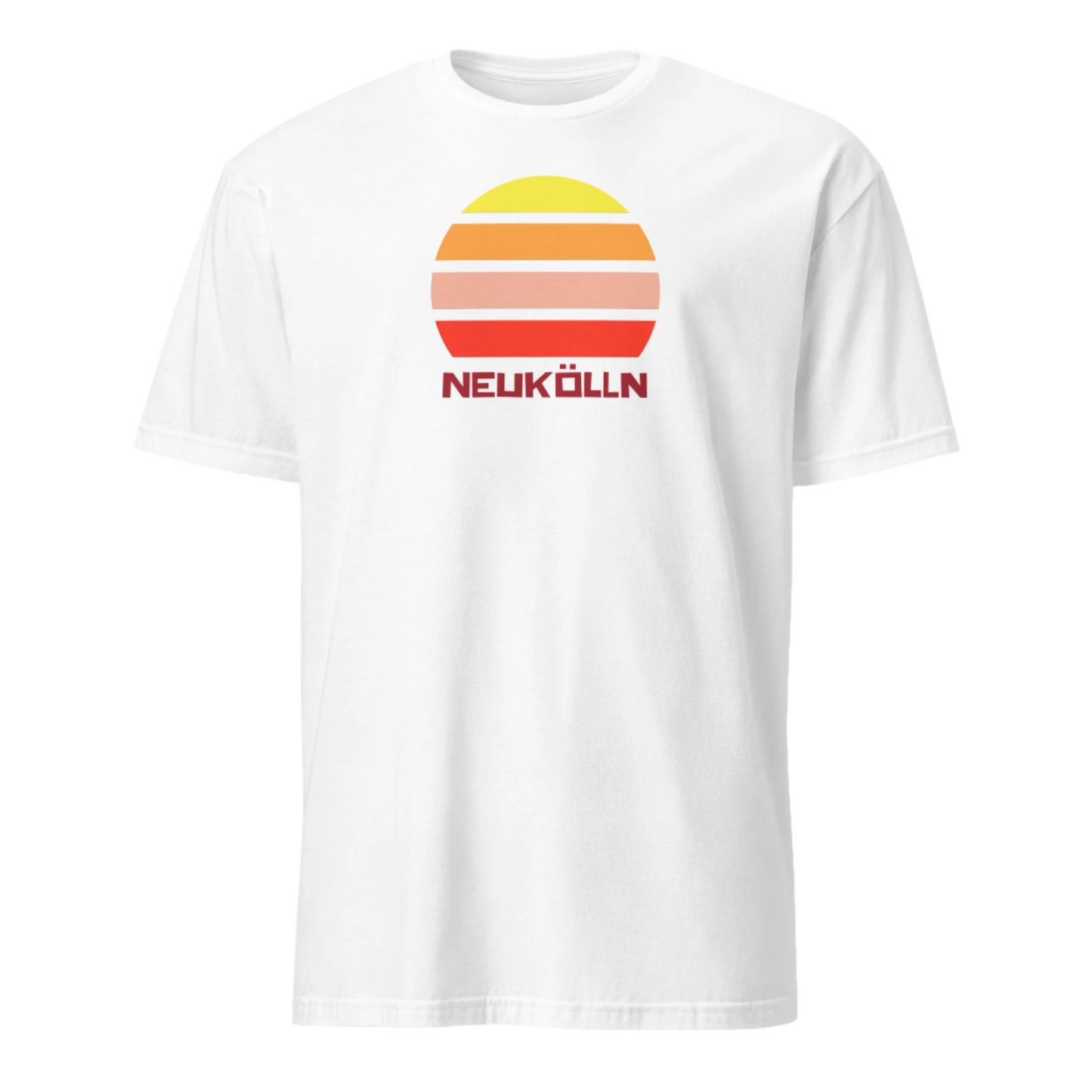 vintage sunset unisex t-shirt Neukölln in cotton. Berlin LGBT themed t-shirt with a vintage sunset graphic in yellow, orange, pink and scarlet and the place name Kreuzberg beneath on this white cotton t-shirt by BillingtonPix