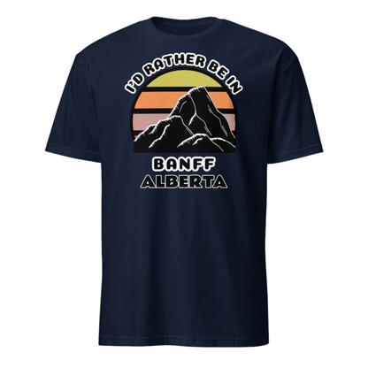 Banff Alberta vintage sunset mountain scene in silhouette, surrounded by the words I'd Rather Be In on top and Banff Alberta below on this navy cotton t-shirt