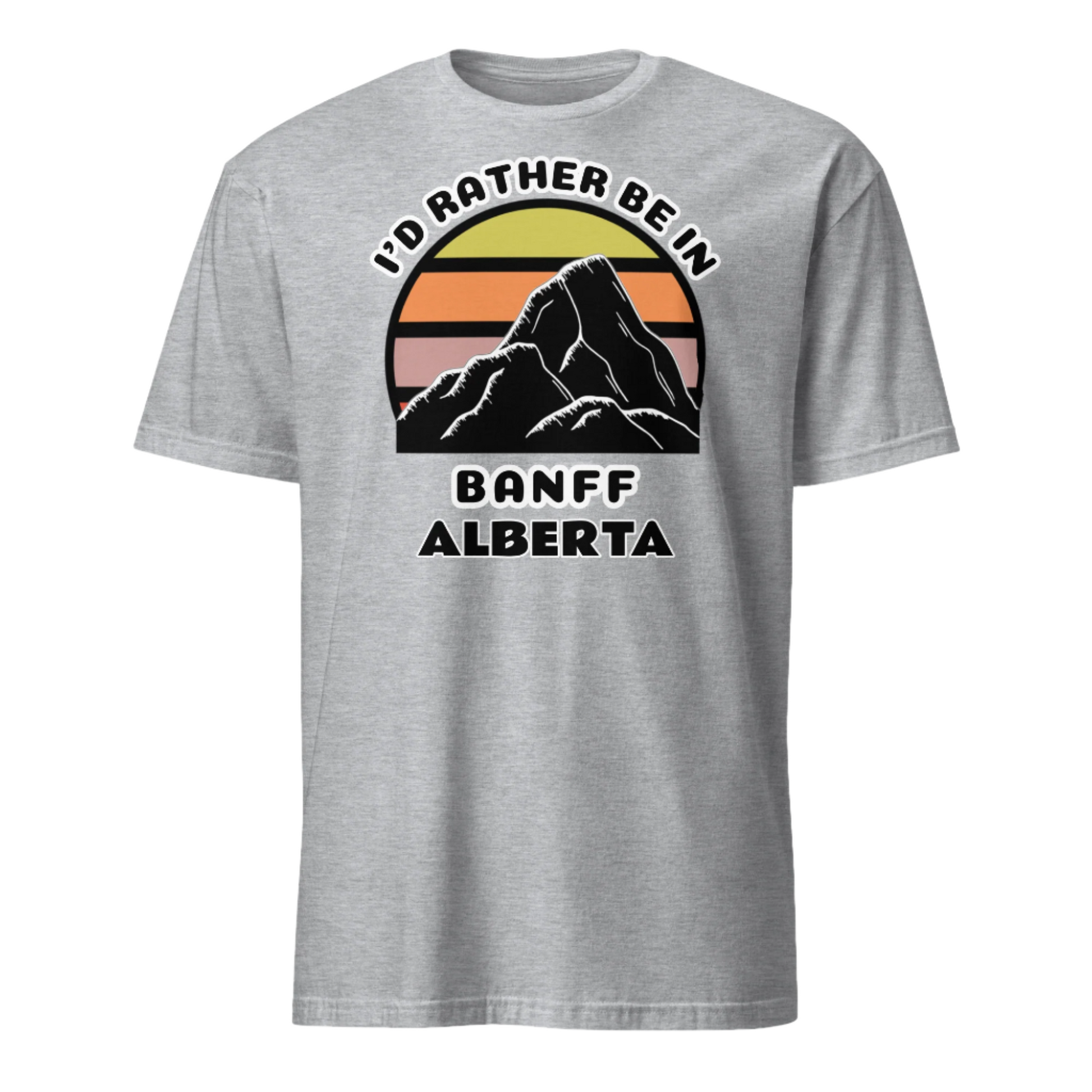 Banff Alberta vintage sunset mountain scene in silhouette, surrounded by the words I'd Rather Be In on top and Banff Alberta below on this sport grey cotton t-shirt