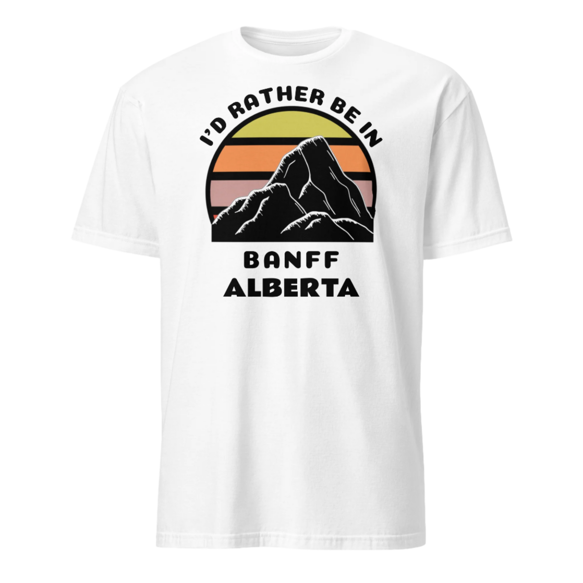 Banff Alberta vintage sunset mountain scene in silhouette, surrounded by the words I'd Rather Be In on top and Banff Alberta below on this white cotton t-shirt