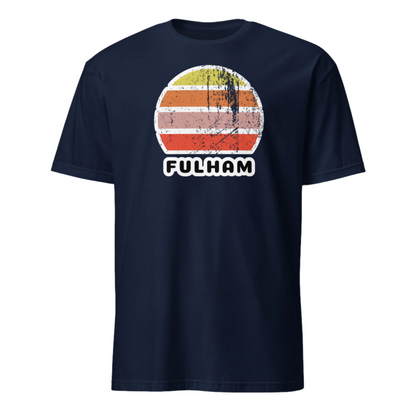 Vintage retro sunset in yellow, orange, pink and scarlet with the name Fulham beneath on this navy t-shirt