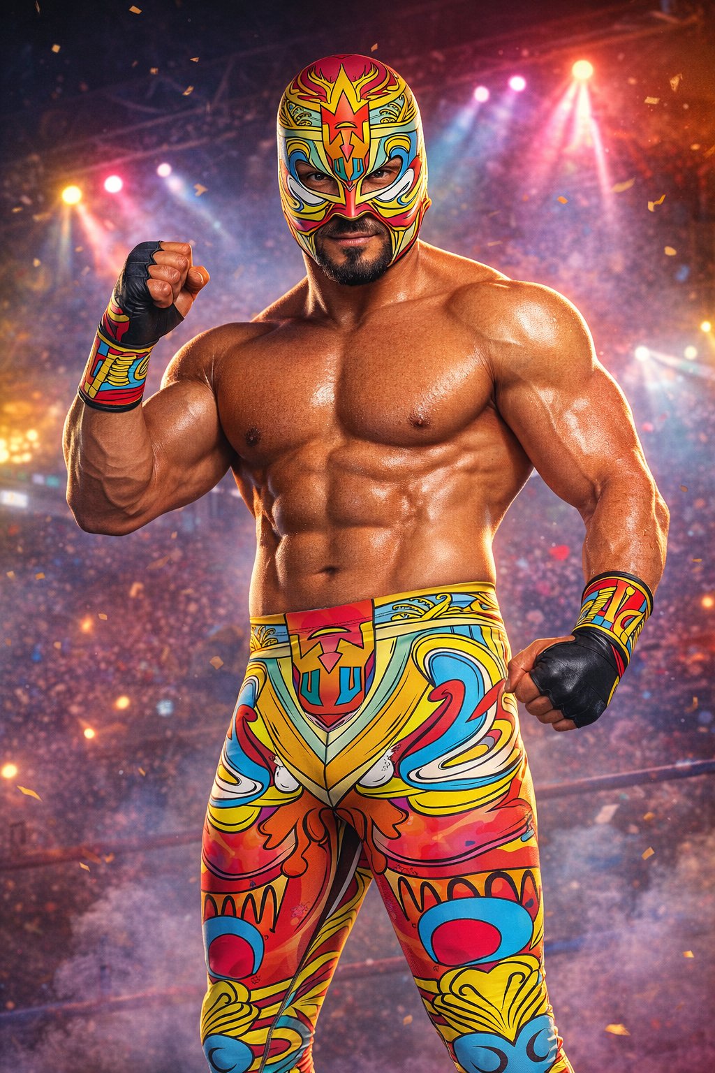 Wrestler in colorful luchador costume and mask on a stage with lights