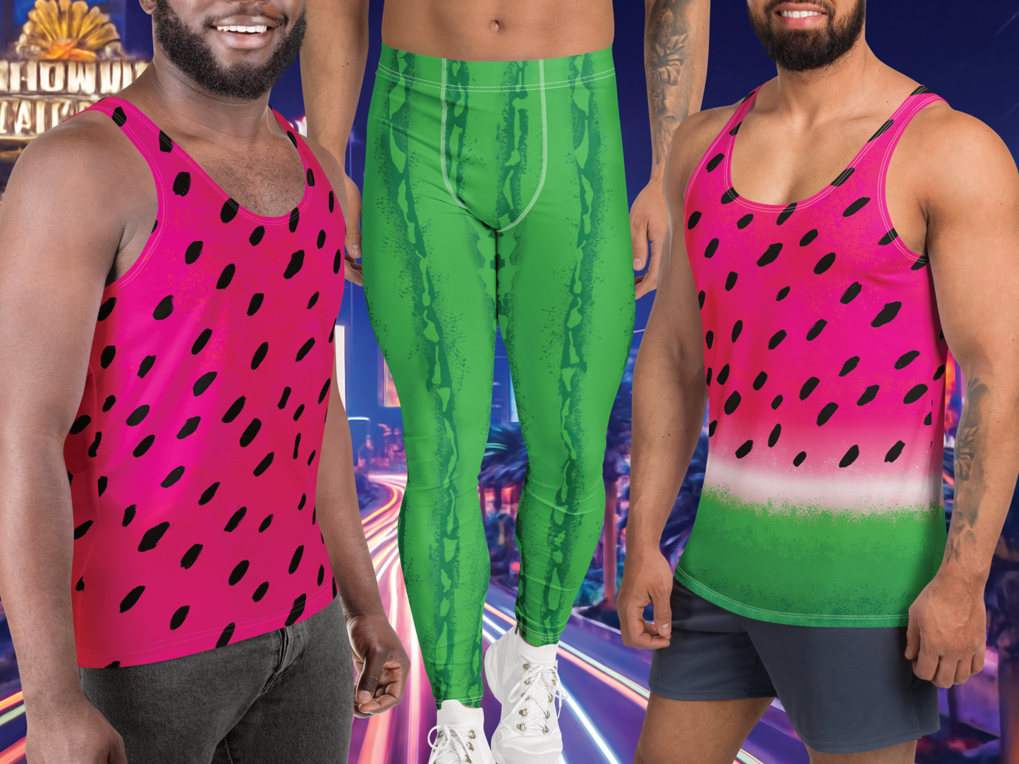 Two men wearing colorful tank tops with watermelon pattern on a vibrant background. Man wearing matching green leggings to make a cosplay activewear set by BillingtonPix