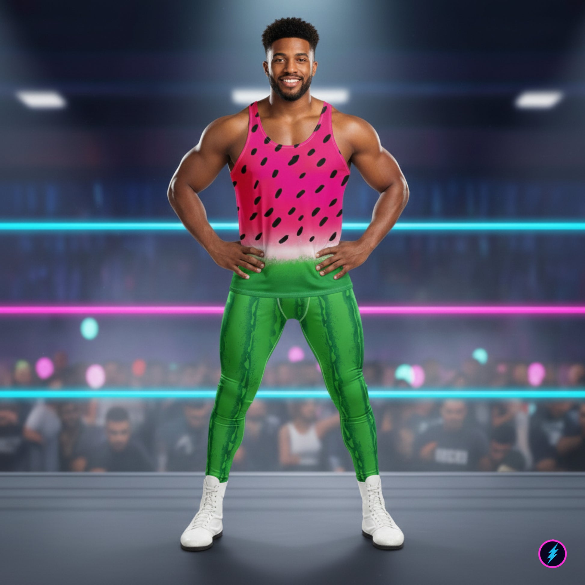 Cosplay wrestler wearing a pink and green  watermelon outfit consisting of tank top and leggings for men.