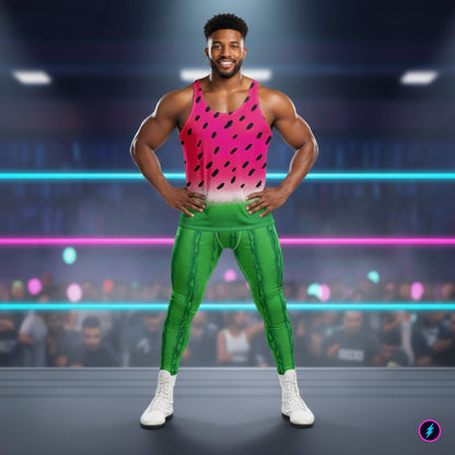Cosplay wrestler wearing a pink and green  watermelon outfit consisting of tank top and leggings for men.