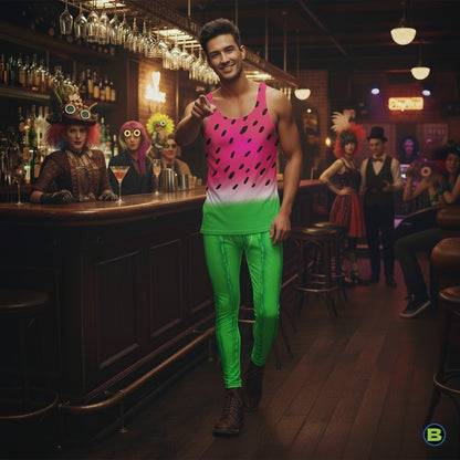Man in a colorful outfit standing in a bar with neon green pants and a watermelon-themed shirt.