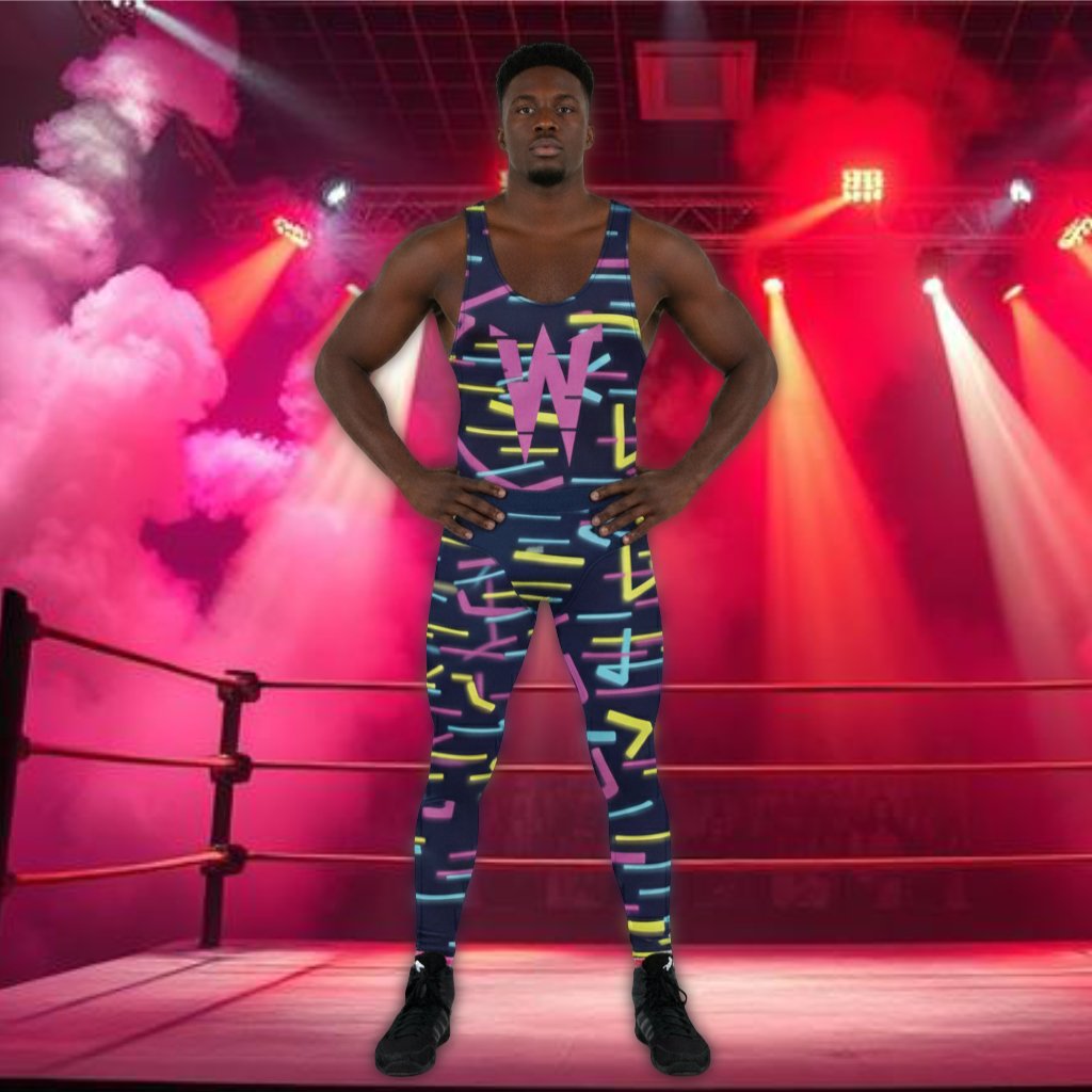 WildByte the wrestler from Neon City wearing a colorful glitchcore wrestling outfit with a 'W' logo in a boxing ring with red and pink lights.