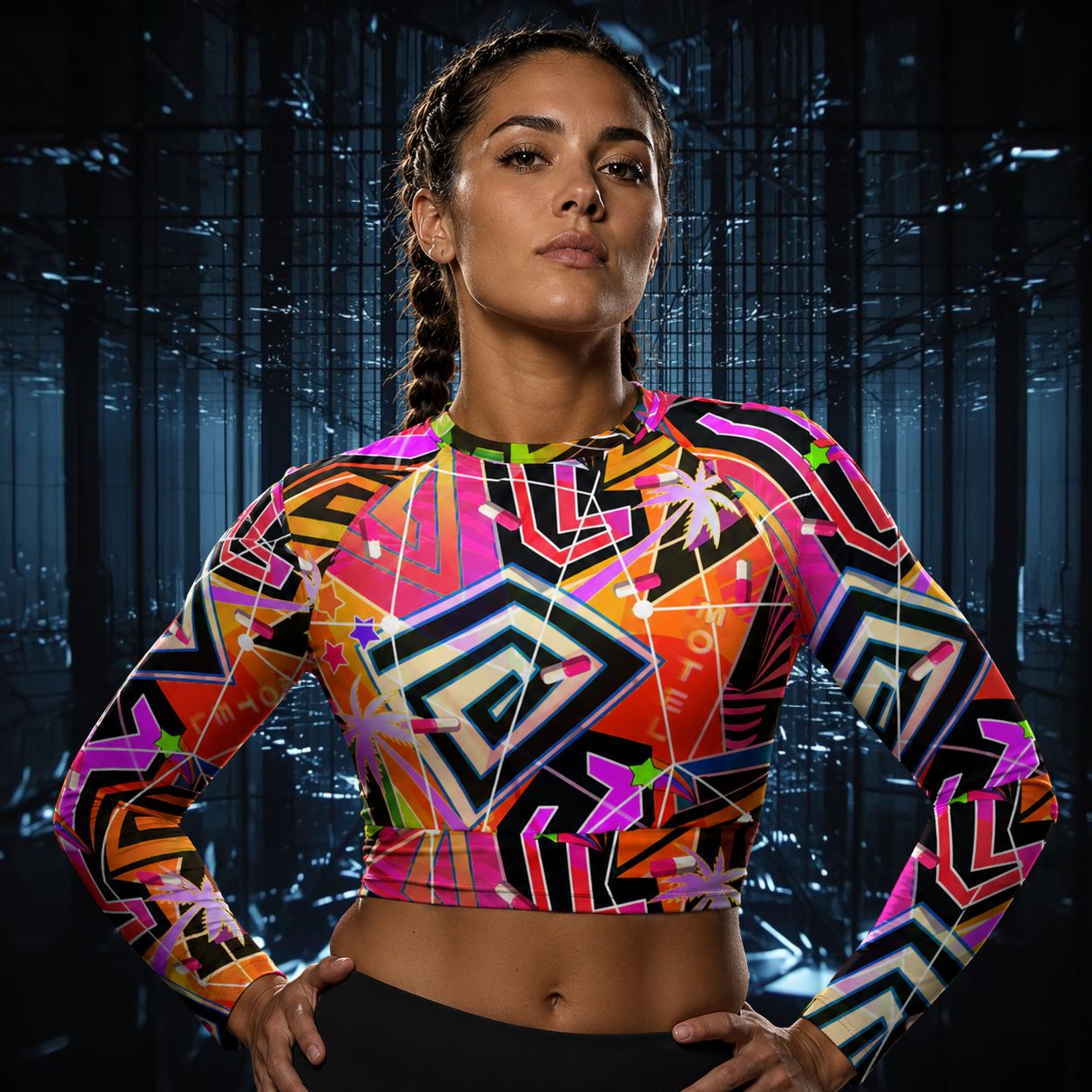 Woman wearing a colorful geometric-patterned crop top in menhera kei and vaporwave style with a cityscape background