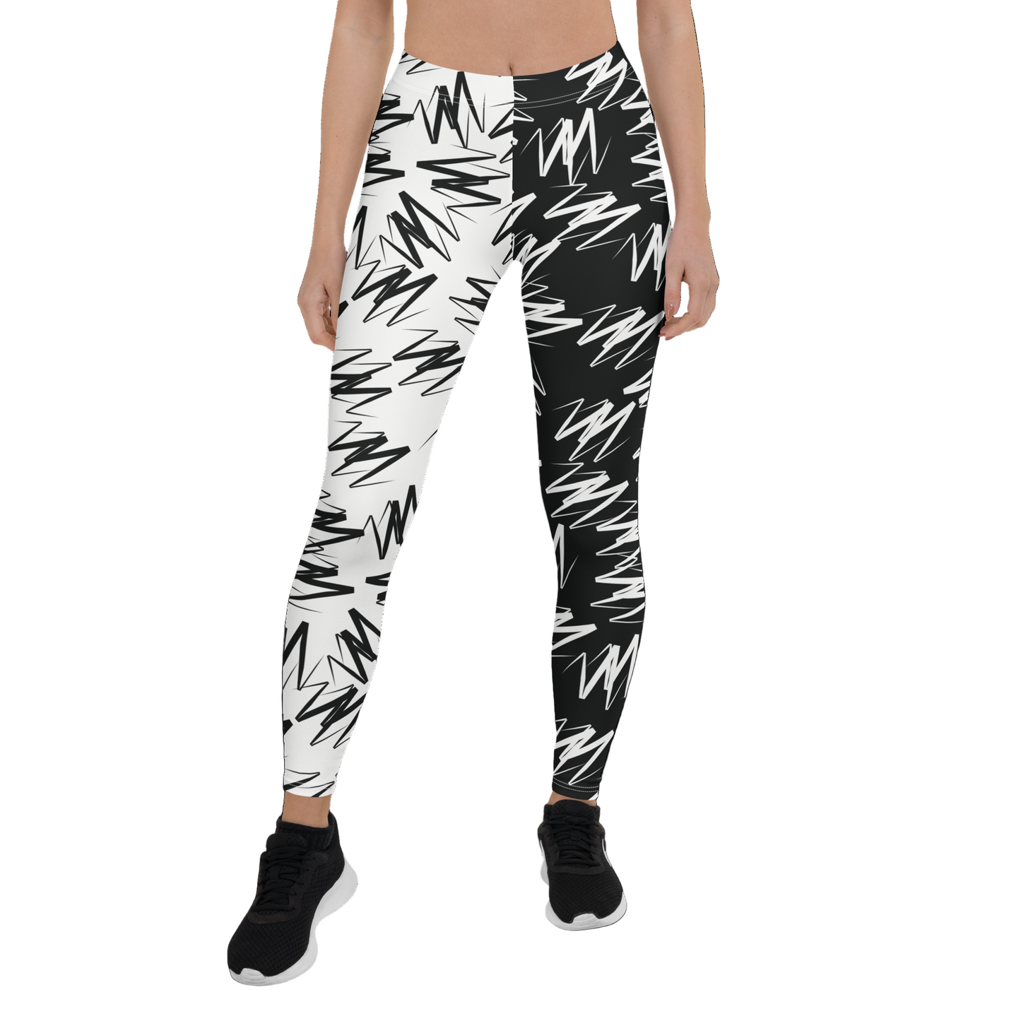 Women’s zigzag color block leggings - Black and White lightning print