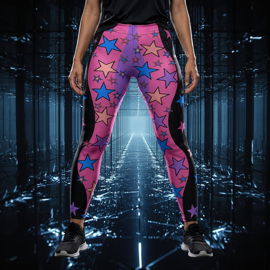 woman standing with pink and purple leggings with blue and peach stars 