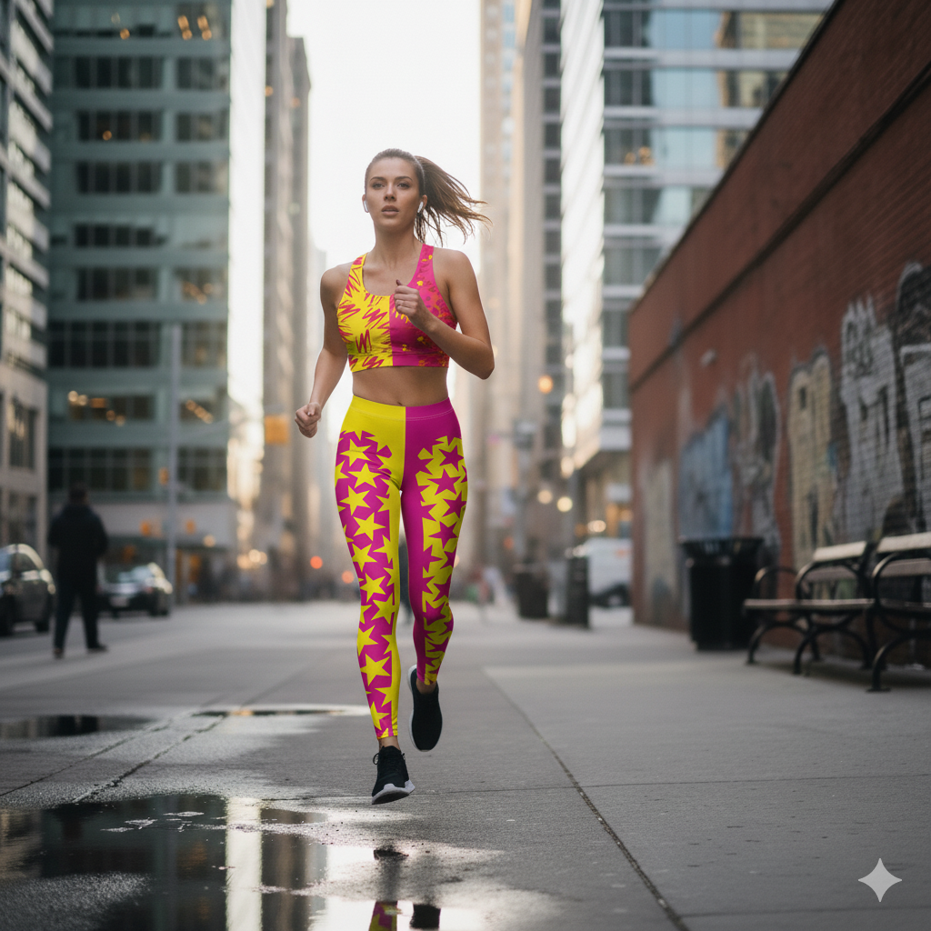 
                Hero image showing a woman jogging, dressed in a vibrant cosplay wrestling outfit used as fashion activewear in 80s Memphis style pink and yellow stars and squiggles.
              