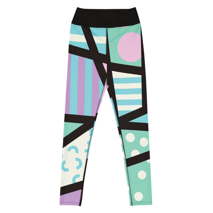 Closeup of colorful geometric-patterned pastel leggings in a design of Tokyo Harajuku and retro 80s Memphis design, worn by a person on a white background