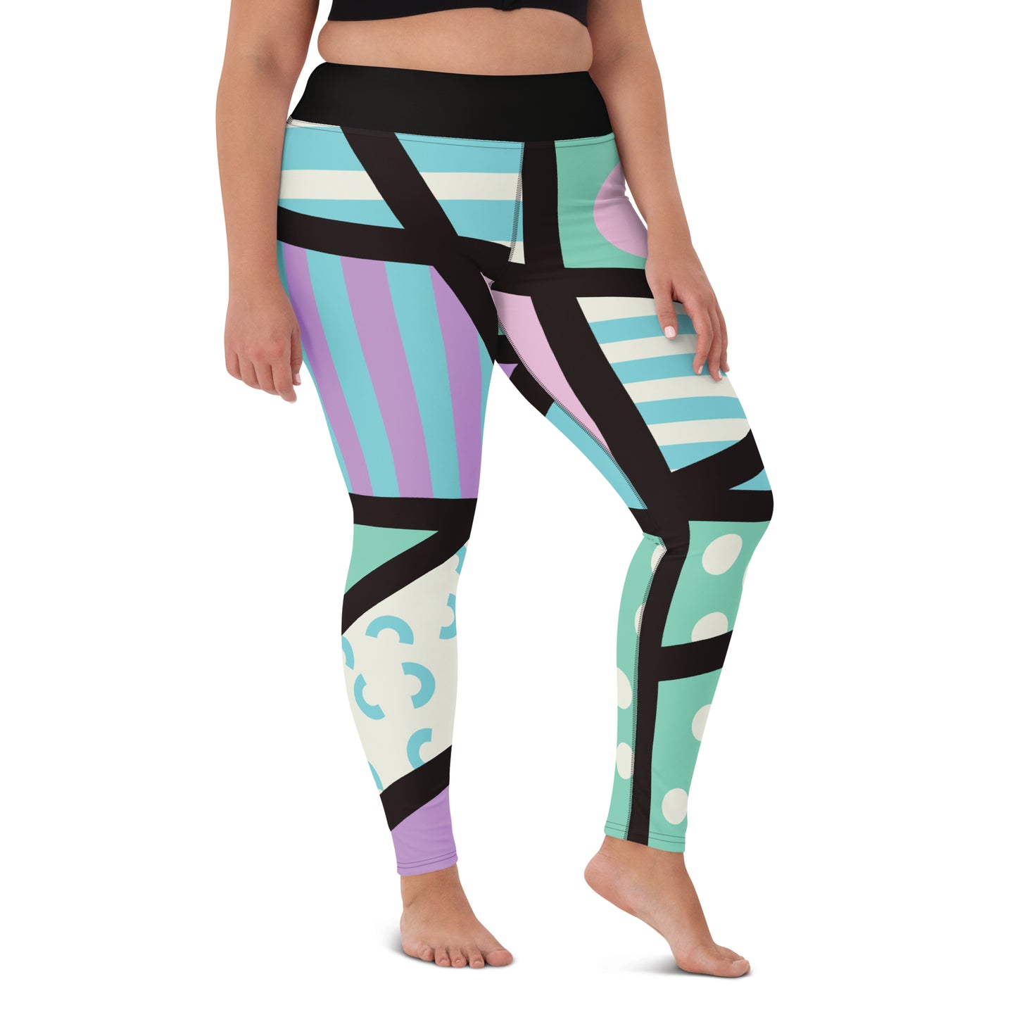 Colorful geometric-patterned pastel leggings in a design of Tokyo Harajuku and retro 80s Memphis design, worn by a person on a white background