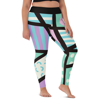 Colorful geometric-patterned pastel leggings in a design of Tokyo Harajuku and retro 80s Memphis design, worn by a person on a white background