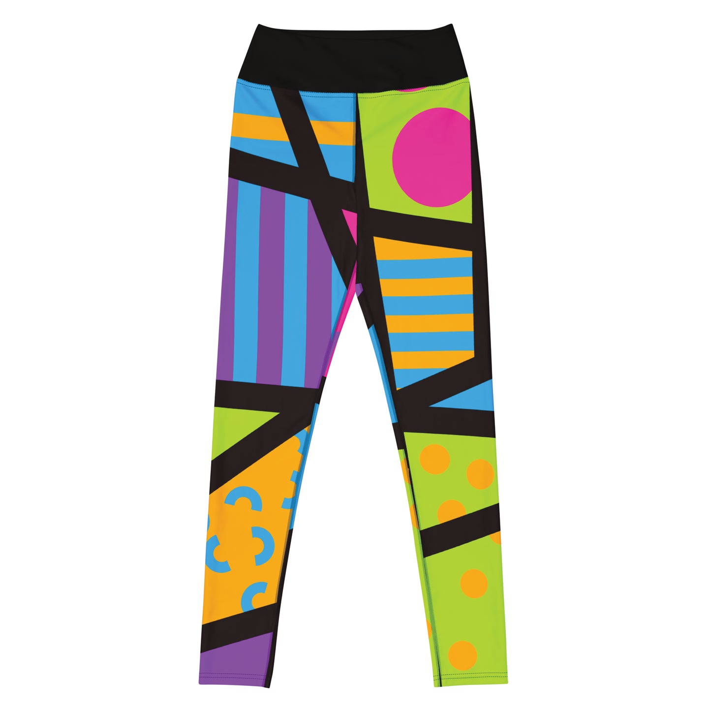 Closeup of colorful geometric-patterned popsicle leggings in a design of Tokyo Harajuku and retro 80s Memphis design, worn by a person on a white background