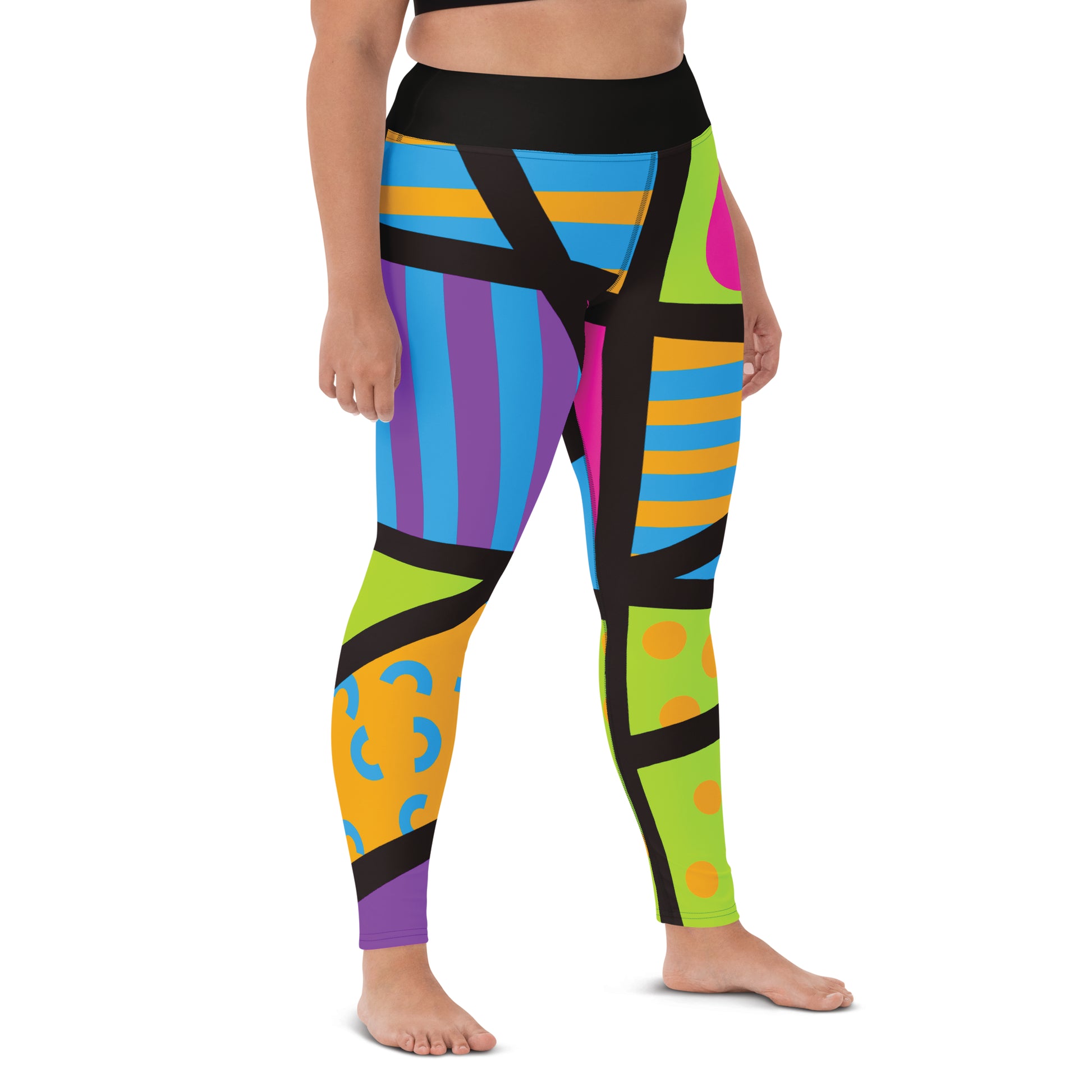 Colorful geometric-patterned popsicle leggings in a design of Tokyo Harajuku and retro 80s Memphis design, worn by a person on a white background