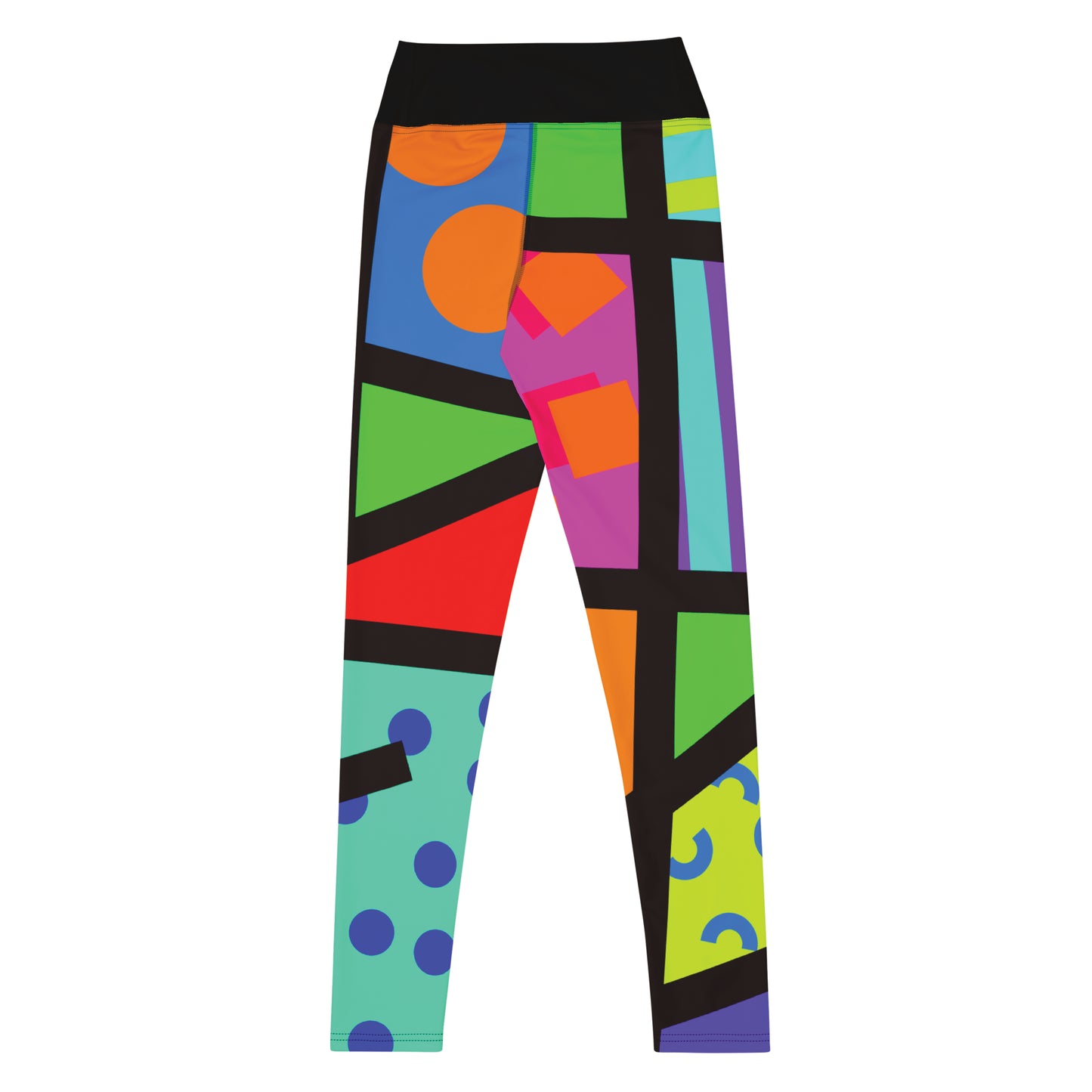 Closeup of colorful geometric-patterned rainbow leggings (rear view) in a design of Tokyo Harajuku and retro 80s Memphis design, worn by a person on a white background