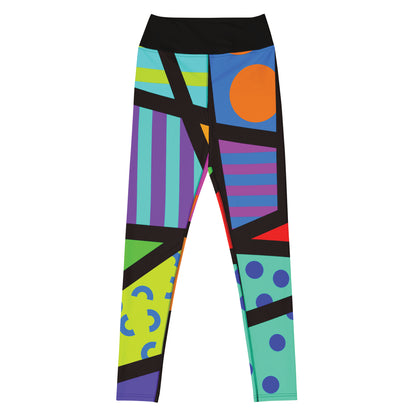 Closeup of colorful geometric-patterned rainbow leggings in a design of Tokyo Harajuku and retro 80s Memphis design, worn by a person on a white background