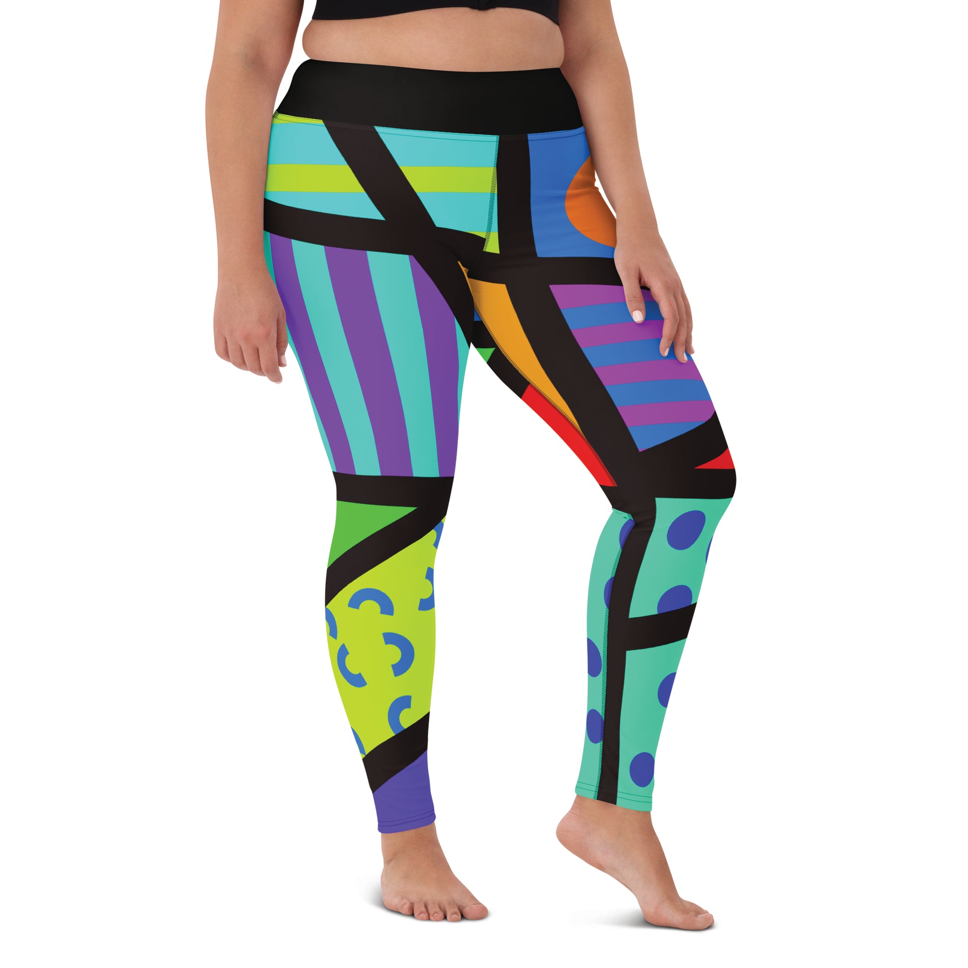 Colorful geometric-patterned rainbow leggings in a design of Tokyo Harajuku and retro 80s Memphis design, worn by a person on a white background. Cosplay activewear by BillingtonPix