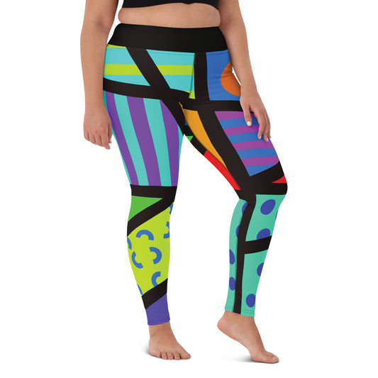 Colorful geometric-patterned rainbow leggings in a design of Tokyo Harajuku and retro 80s Memphis design, worn by a person on a white background. Cosplay activewear by BillingtonPix