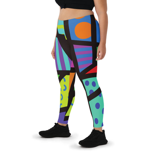 Women’s leggings in Memphis Harajuku geometric print – Rainbow colourway. Cosplay activewear by BillingtonPix