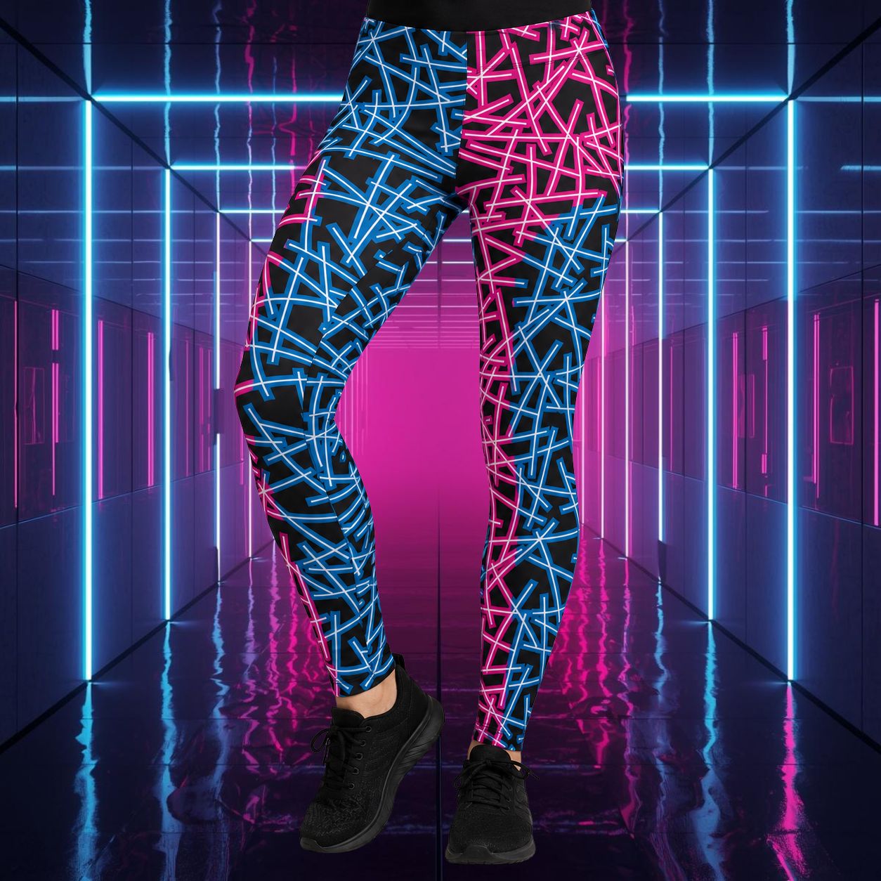 Neon geometric leggings for women with blue and pink patterns in a futuristic setting.