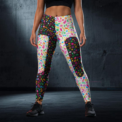 Colorful patterned spooky clowncore leggings worn by a person on a dark background