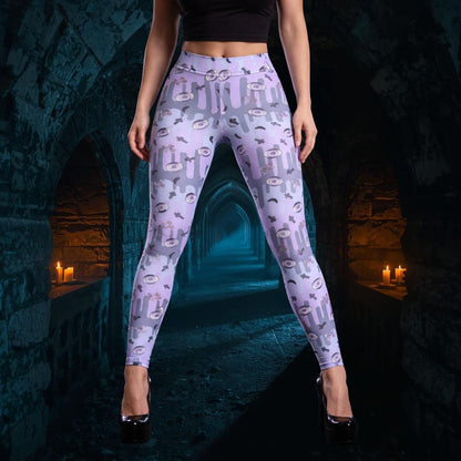 Person wearing purple patterned occult spooky leggings in a dark, stone-walled room.