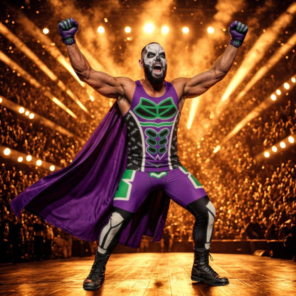 Person in a superhero or anti-hero costume with a purple cape, skull makeup, on a stage with lights