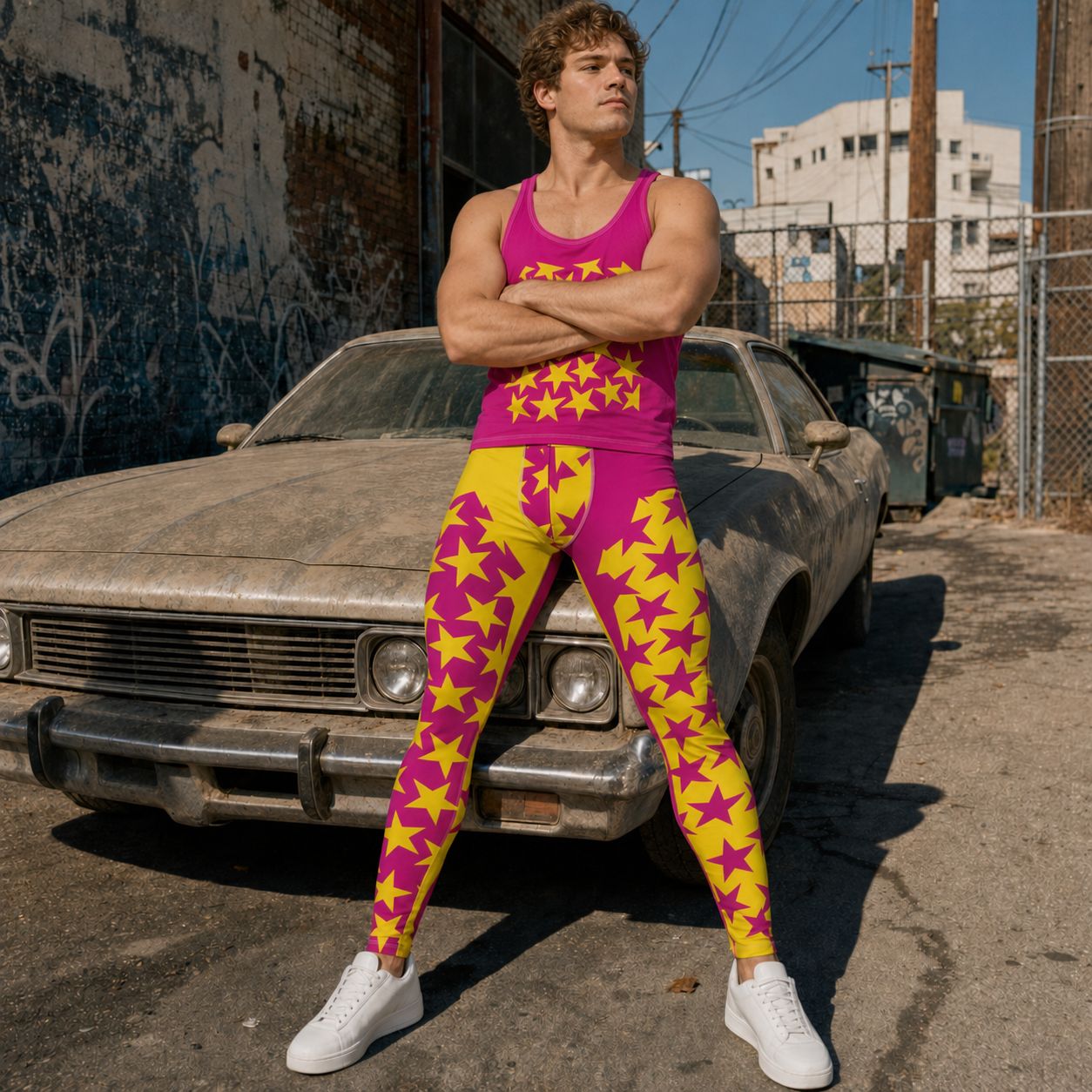 A man stands outdoors in front of a dusty vintage car, wearing bright pink and yellow leggings and a matching pink tank top with a yellow star pattern, paired with white sneakers.