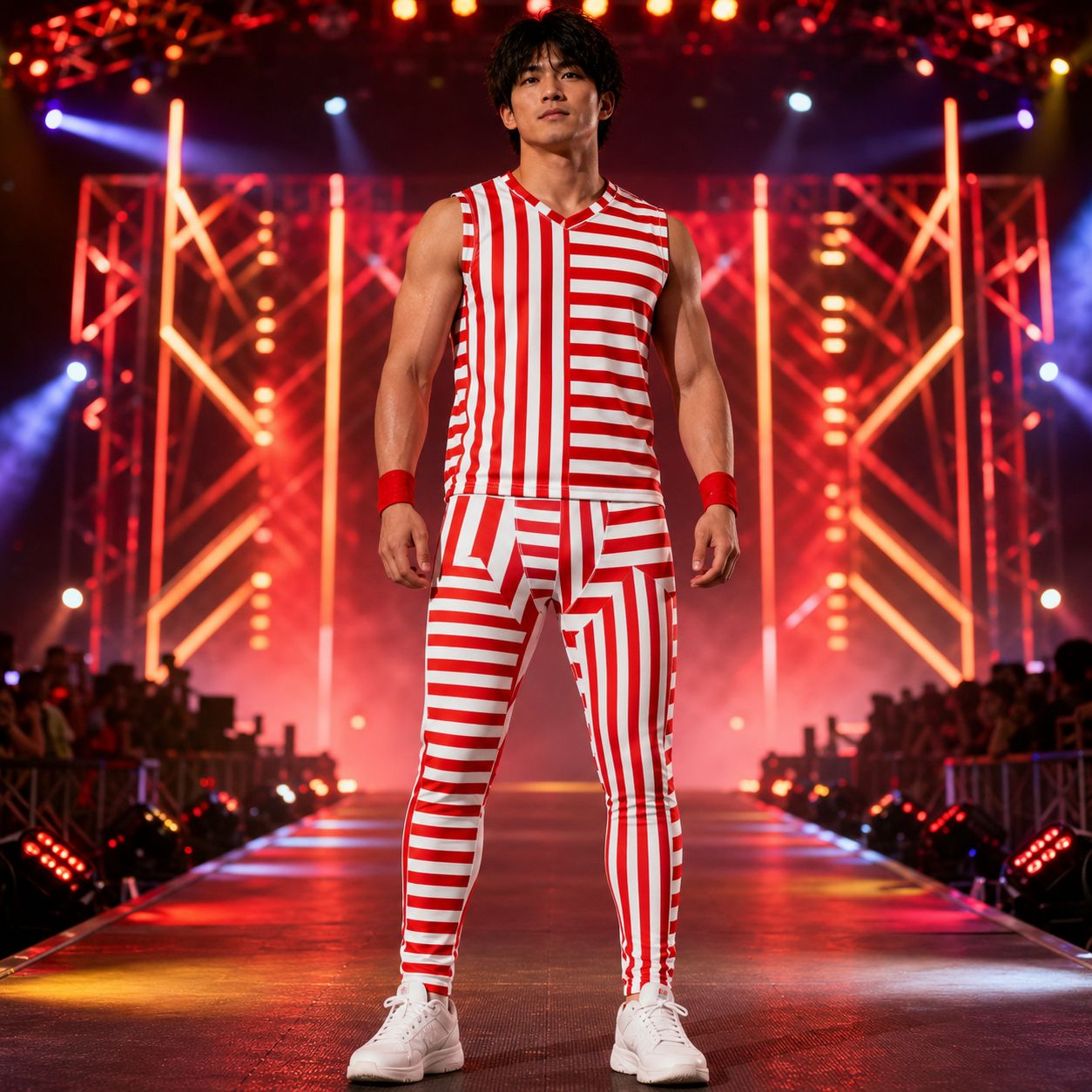 Person wearing a red and white striped cosplay wrestling outfit consisting of sleeveless jersey and matching tights on a stage with colorful lights.