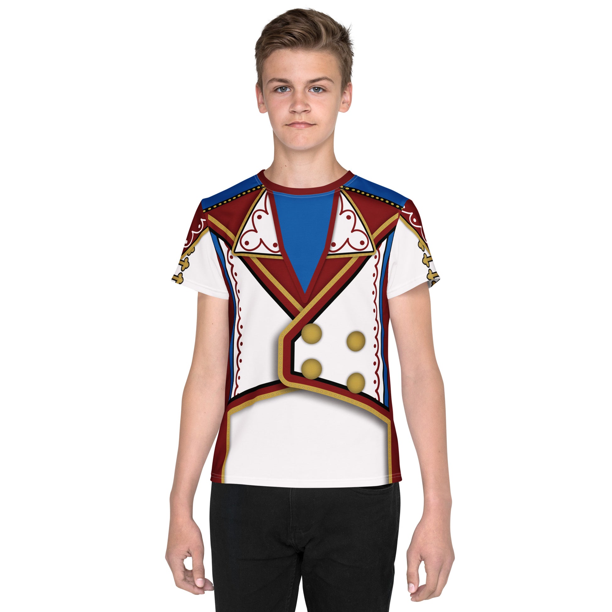 All over print t-shirt for wrestler hero fans in white, red, gold and blue with mock braid and buttons in retro military style. Wrestling hero cosplay costume by BillingtonPix