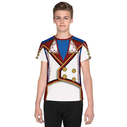 All over print t-shirt for wrestler hero fans in white, red, gold and blue with mock braid and buttons in retro military style. Wrestling hero cosplay costume by BillingtonPix