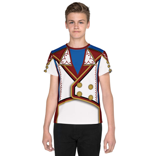 All over print t-shirt for wrestler hero fans in white, red, gold and blue with mock braid and buttons in retro military style. Wrestling hero cosplay costume by BillingtonPix