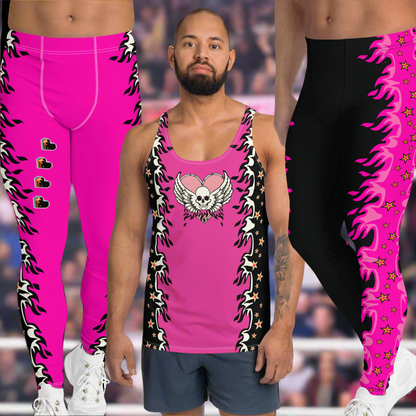 Pink pro wrestling tights for men in black or pink with fire and hearts. Matching tank top with skull and wings and a heart. Pink, black.