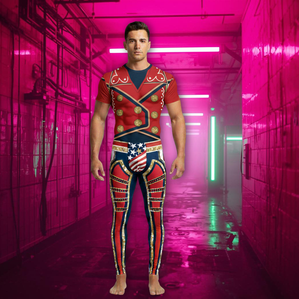 Male model wearing a matching pro wrestling style t-shirt and leggings in a bold circus-inspired arena look