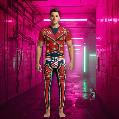 Male model wearing a matching pro wrestling style t-shirt and leggings in a bold circus-inspired arena look