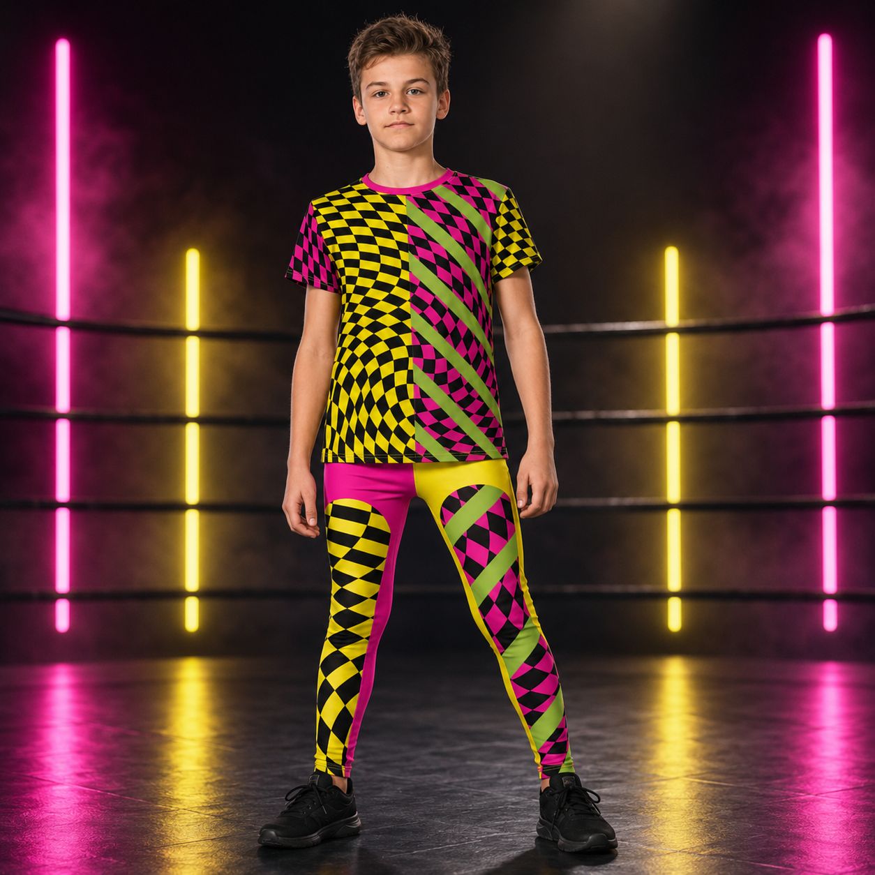 Teenager wearing a colorful yellow and pink checkered wrestling cosplay activewear costume consisting of t-shirt and leggings with a vibrant neon background