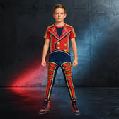 Youth wrestler wearing red and navy circus-style leggings and matching t-shirt, standing confidently on a wrestling mat during youth wrestling practice.