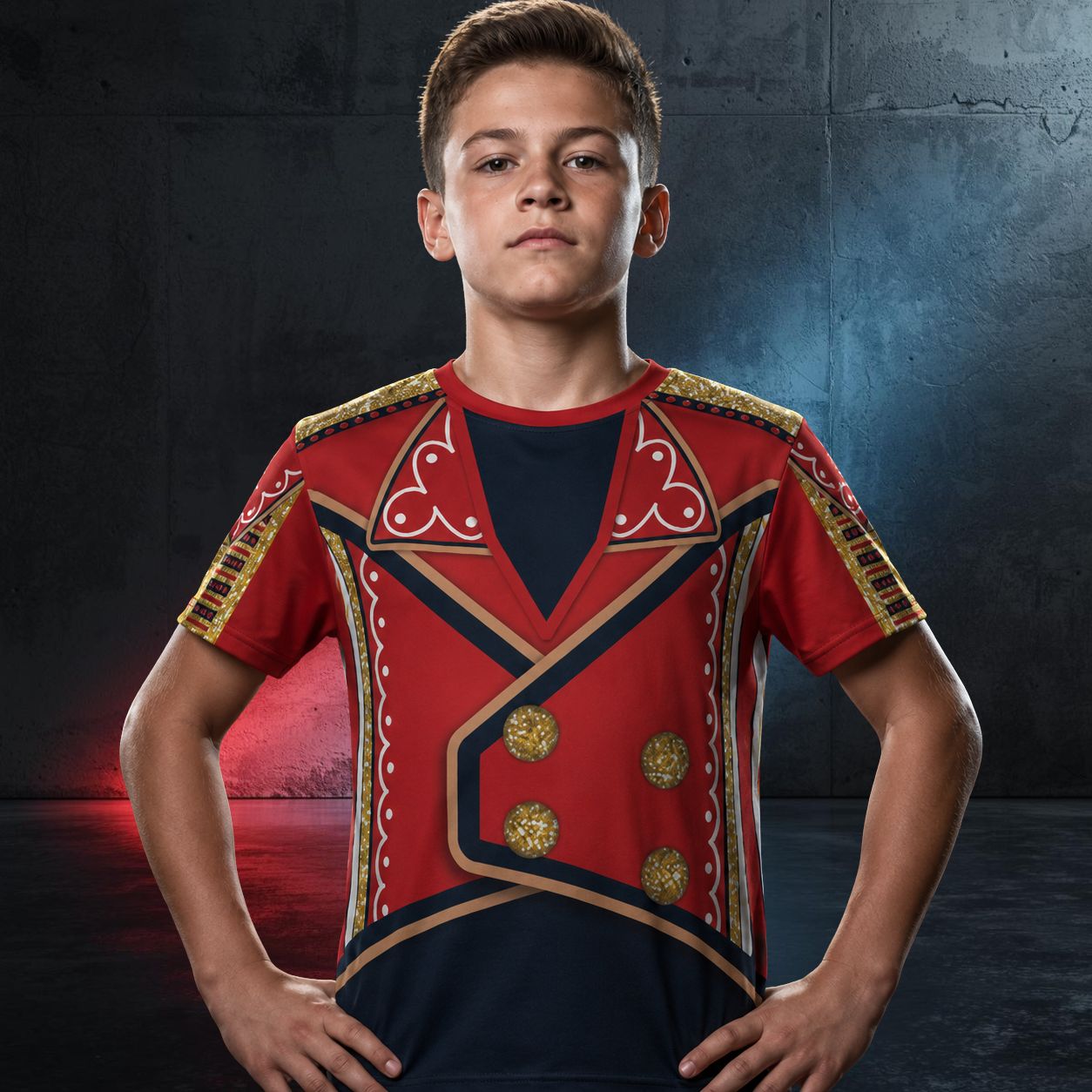 Teen boy wearing retro patriotic wrestling-inspired t-shirt for fan or cosplayer, red, navy and gold in American hero wrestling style