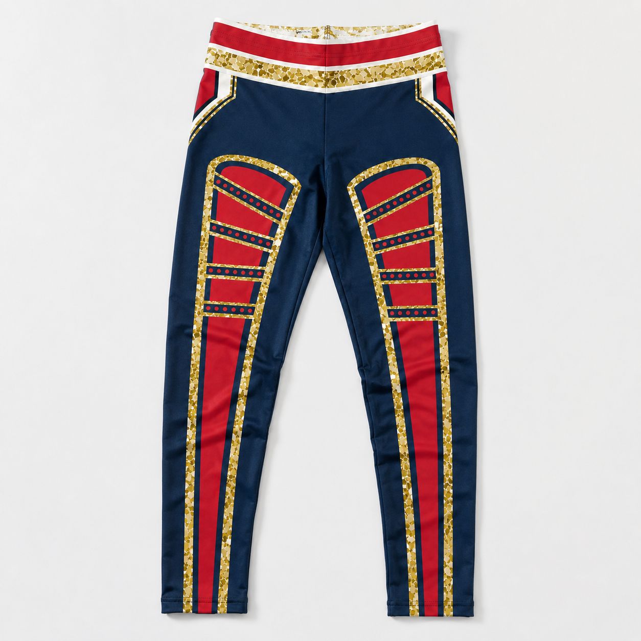 Youth leggings laid flat with navy, red and gold design with front panels in red with gold glitter outline, in style of American hero retro patriotic.