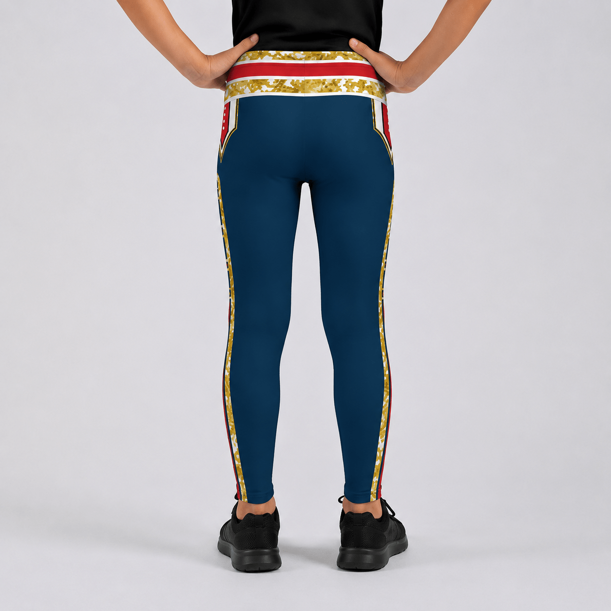 Youth wrestling tights for cosplay with navy, red and gold retro military design in American hero style, rear facing