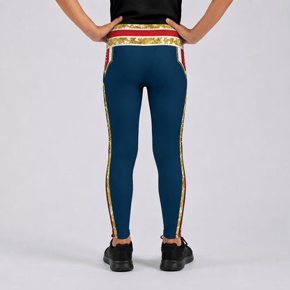 Youth wrestling tights for cosplay with navy, red and gold retro military design in American hero style, rear facing