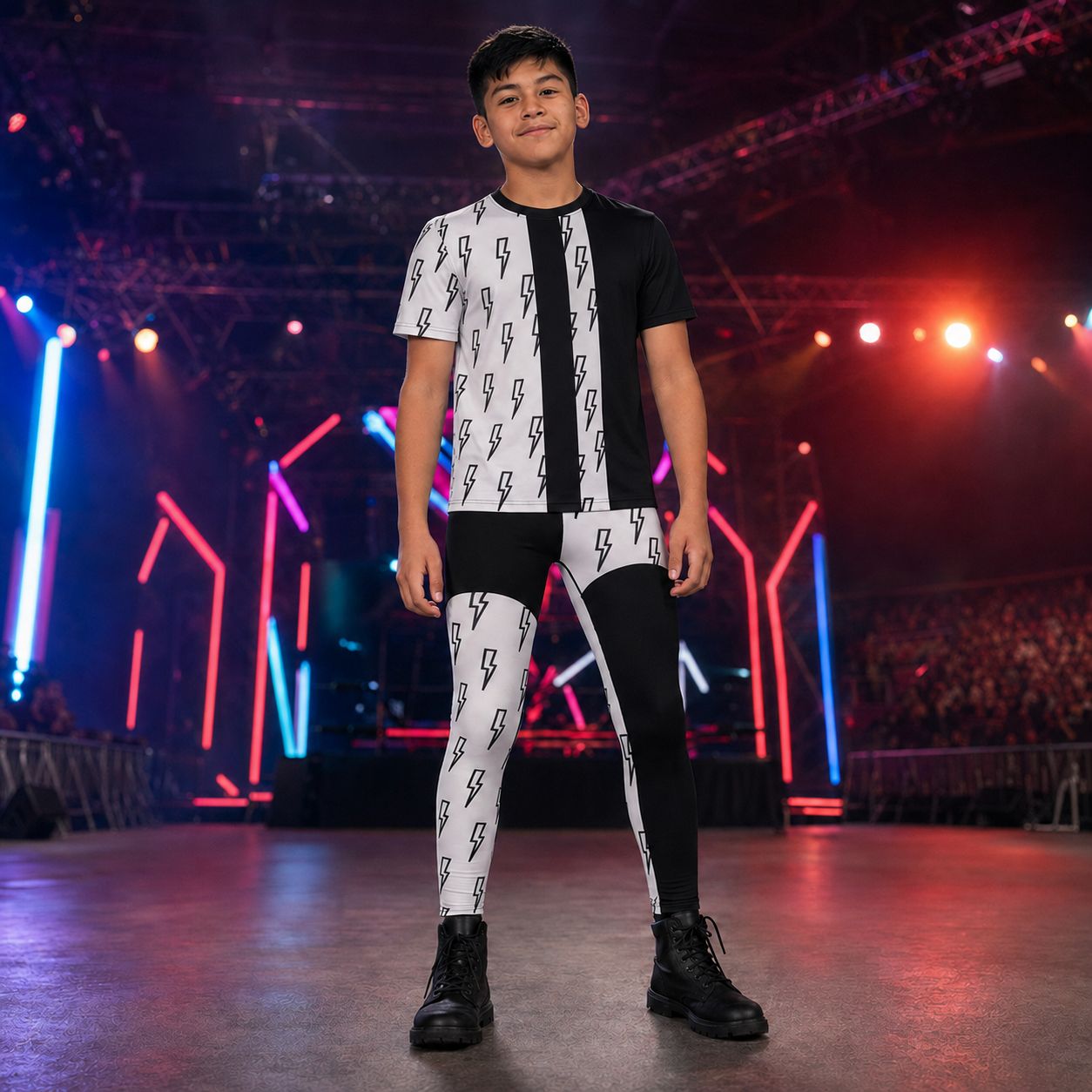A young man stands on a stage wearing a matching black and white lightning-bolt patterned t-shirt and wrestling tights set, paired with black boots. The background features a live audience and colorful stage lighting.