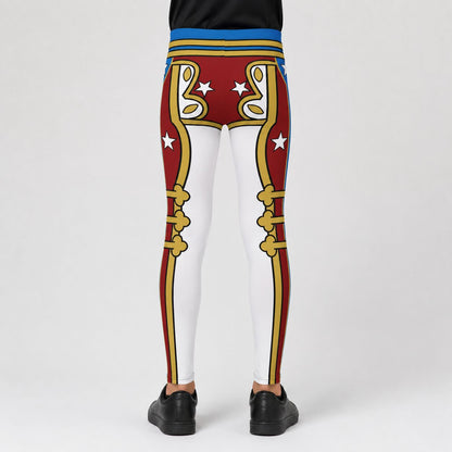 A boy shown from the back wearing cosplay wrestling pants with a red, white, gold, and blue retro military-style boot design, paired with black shoes, against a light gray studio background.