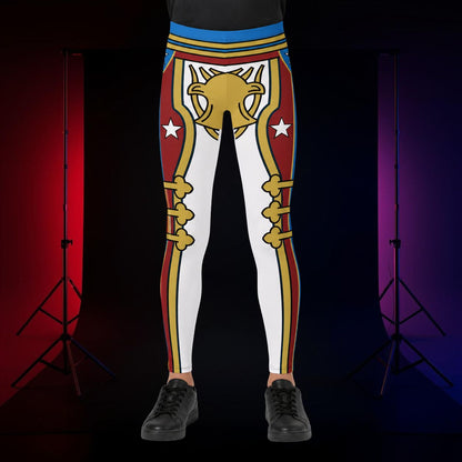 A person wearing cosplay wrestling tights in youth size with a bold retro military-style graphic featuring a large gold emblem, red and blue sections, and white star details, standing against a dark studio backdrop with red and purple lighting and visible stand legs.