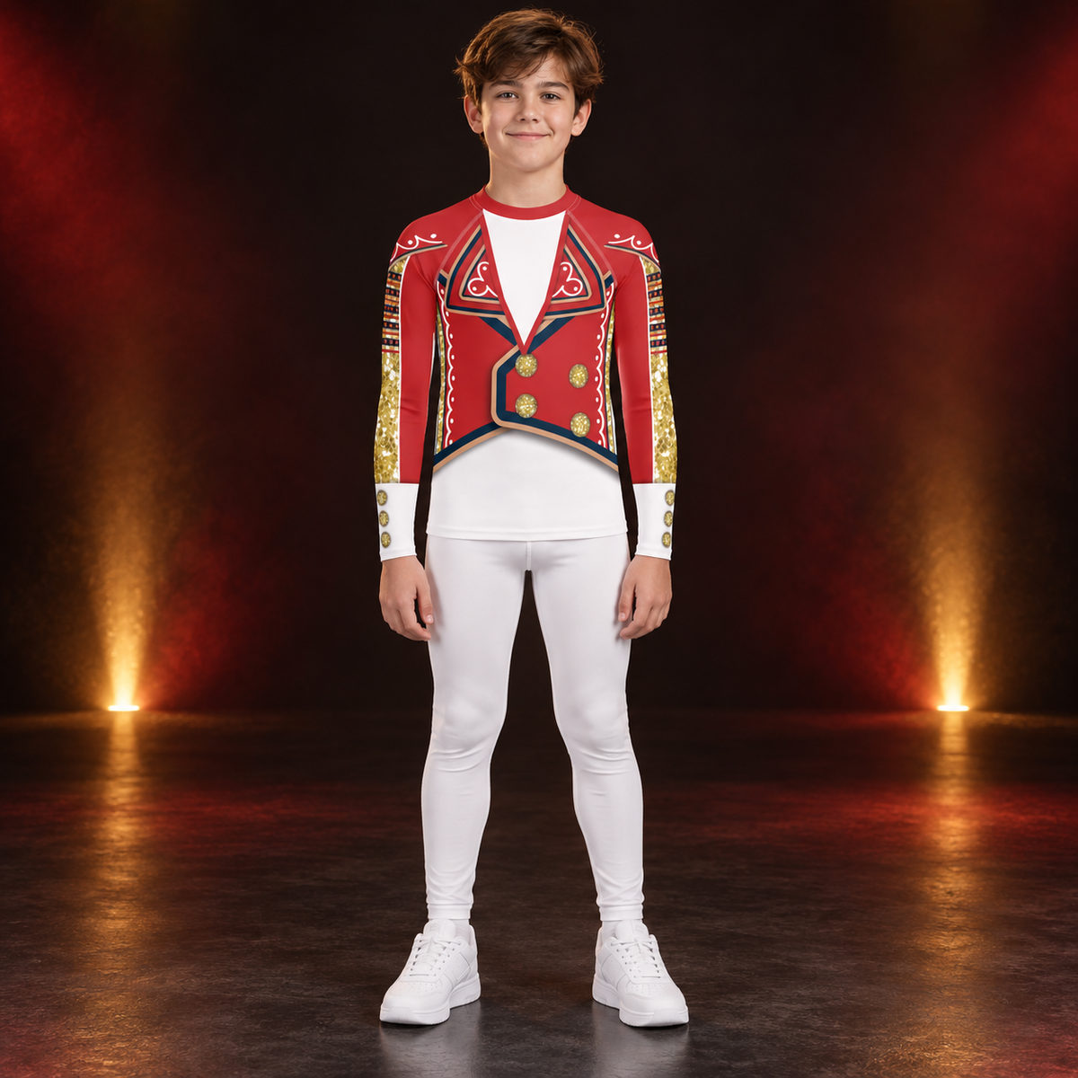 Young wearer in the White Circus youth wrestling rash guard, front view - red jacket print, gold sleeves and white front - BillingtonPix