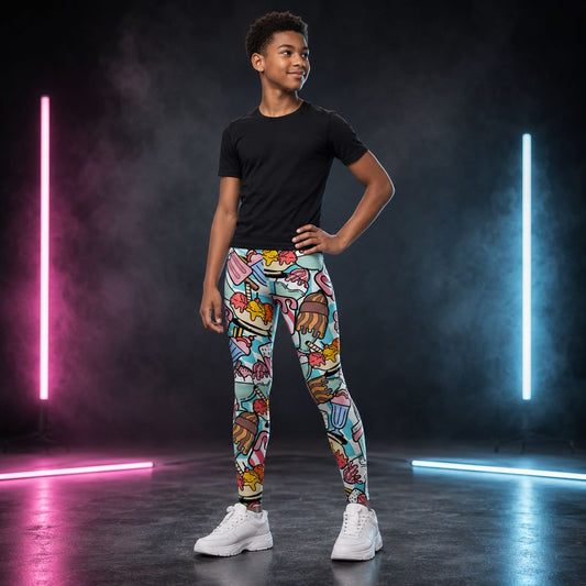 Person wearing colorful anime leggings with a black t-shirt in a dark room with neon lights